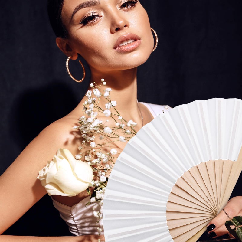 Chuangdi 2 Pieces Folding Hand Fans for Line Dancing Manual Clapping Wooden Wedding Fans Handheld for Women with Drawstring Organza Bags Back to School Gift Party Supply(White,2 Pcs) - Image 4